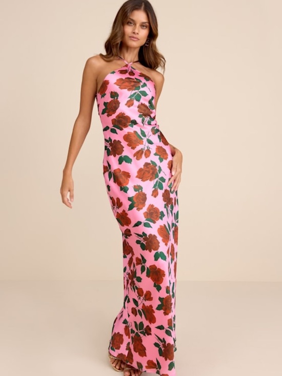 Lulus Dresses & Skirts - Lulus Malito Pink Rose Print Satin Lace-up Maxi Dress - Size M